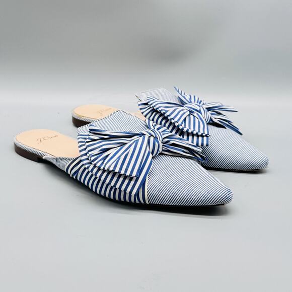 J Crew Sandals Womens 8.5 Blue White Stripes Mules Bow Pointed Toe Slides Flat - Picture 1 of 12